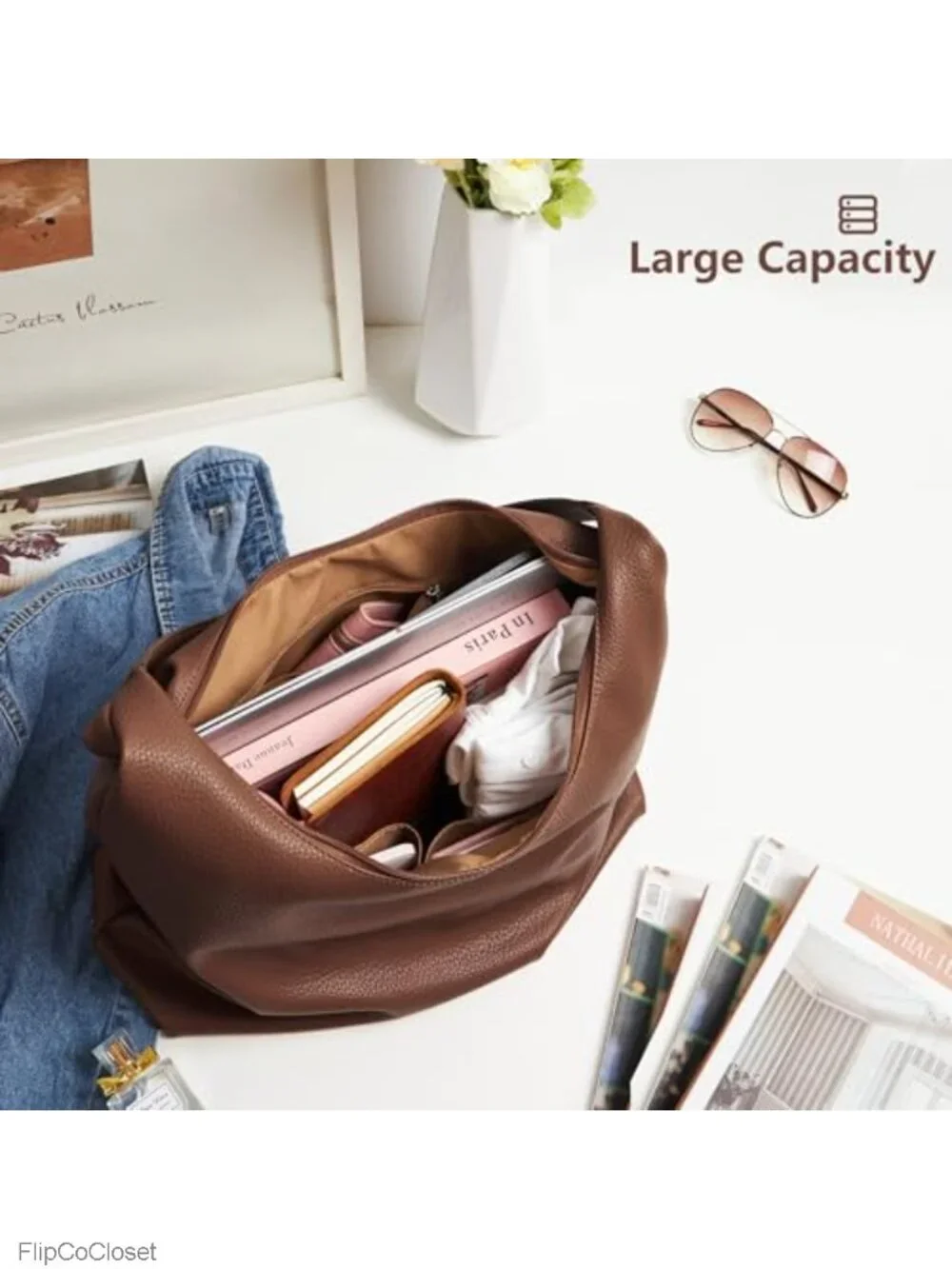 Vegan Faux Leather Slouchy Hobo Tote Bag, Large Capacity, Zipper Closure